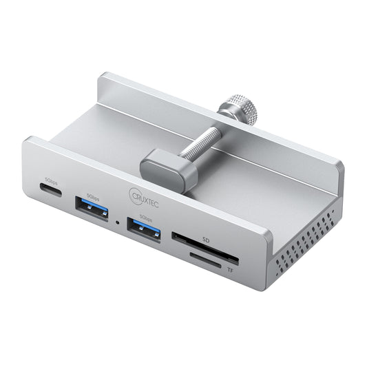 Cruxtec 5-Port Clamp-Mounted USB 3.0 Hub with Type-C Power Port and Card Reader