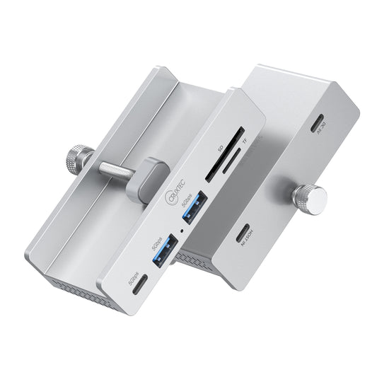 Cruxtec 5-Port Clamp-Mounted USB 3.0 Hub with Type-C Power Port and Card Reader