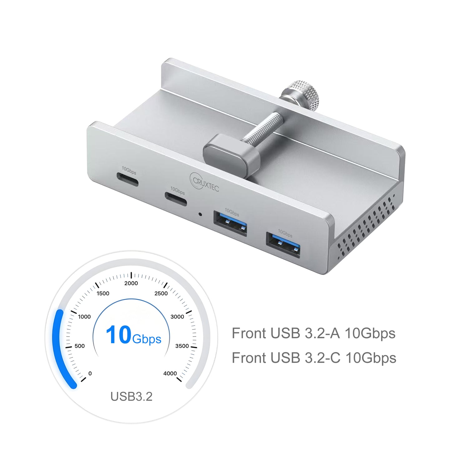 Cruxtec 4-Port Clamp-Mounted USB 3.1 GEN2 10GBPS Hub with Type-C Power Port - product image 2