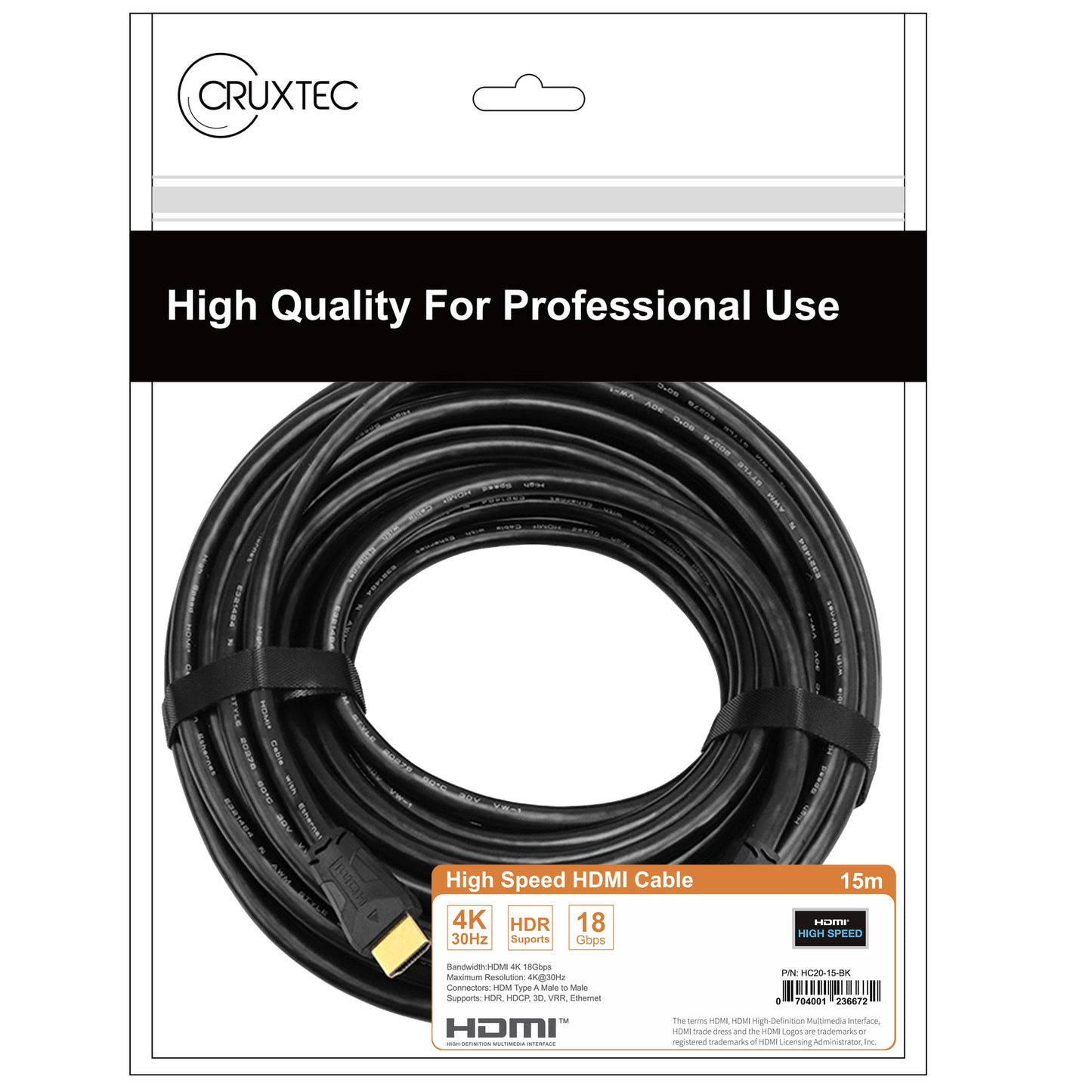Cruxtec High Speed HDMI 4K Cable with Ethernet 15m ( 18Gbps, 4K@30Hz, HDCP, 4:4:4, HDR )