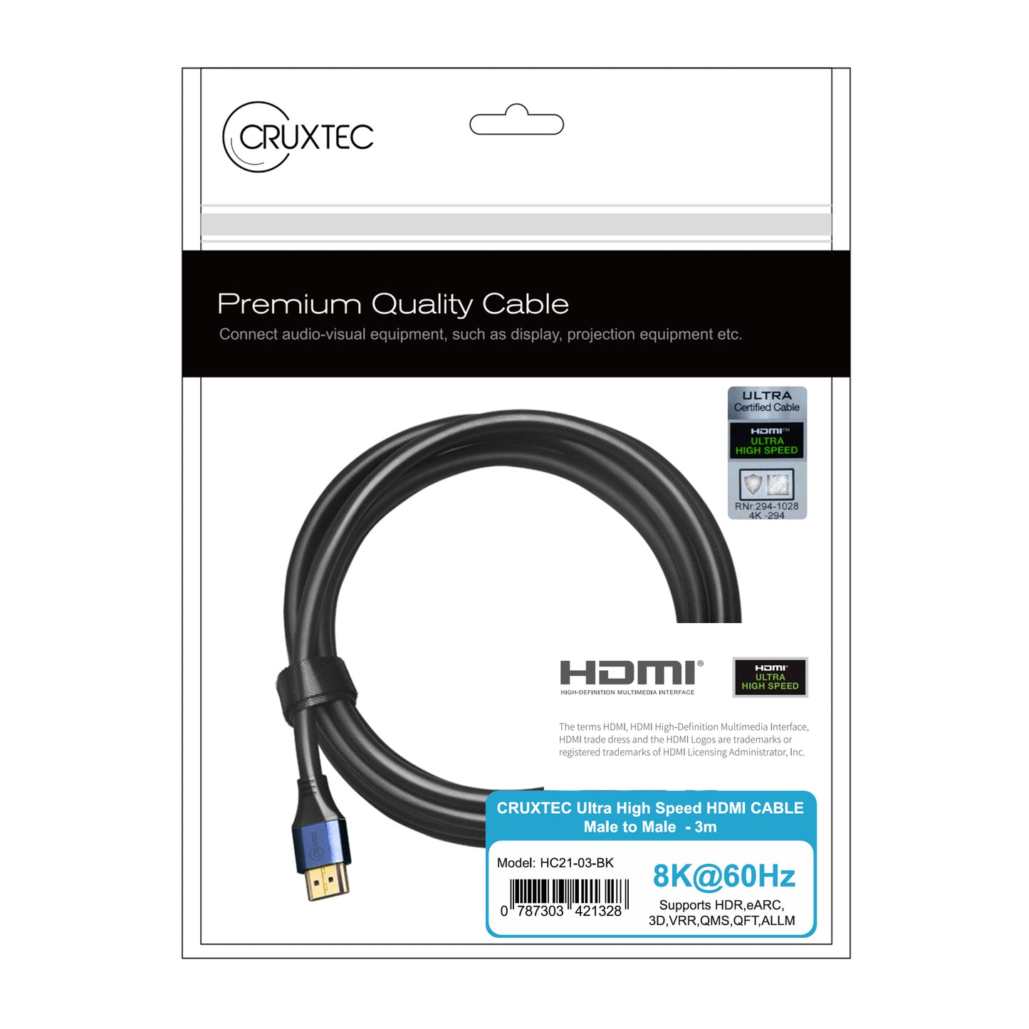 Cruxtec Certified Ultra High Speed HDMI 8K Cable 48Gbps 3m ( 8K@60Hz / 4K@120Hz )