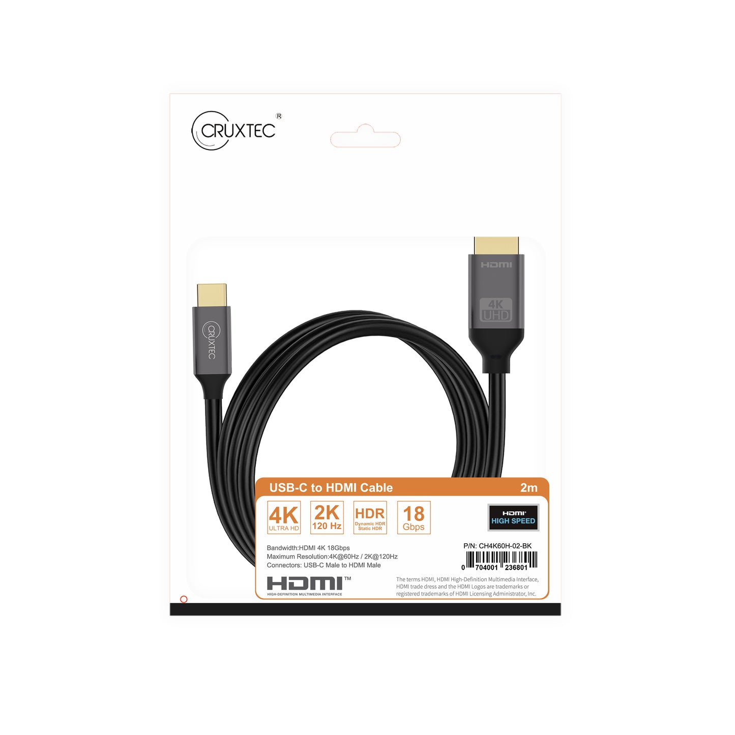 Cruxtec USB-C to HDMI Cable Black Support HDR 4K@60Hz