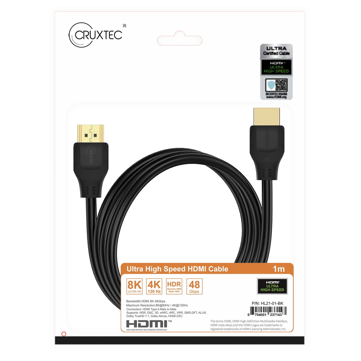 Cruxtec HDMI 8K with Ethernet Cable 48Gbps (Black 1m) HL21-01-BK image 7