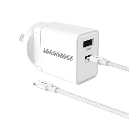 Rockrose Casa AC Pro Combo 20W PD & QC 3.0 Dual Port Power Adapter With 1M PD 100W USB-C to USB-C Fast Charging Cable