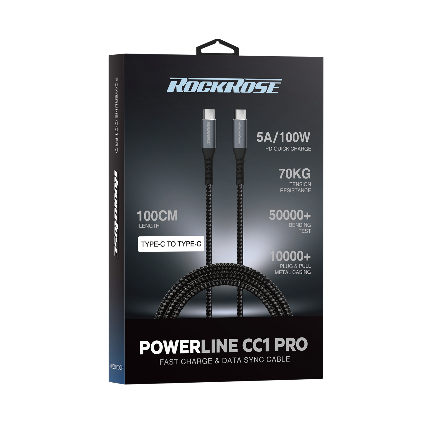 Rockrose Powerline CC1 Pro 3A 100W Max 1M USB-C to USB-C Fast Charge & Data Sync Cable