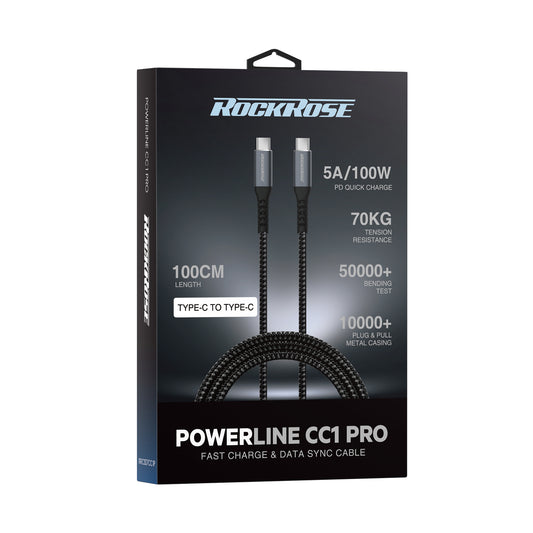 Rockrose Powerline CC1 Pro 3A 100W Max 1M USB-C to USB-C Fast Charge & Data Sync Cable