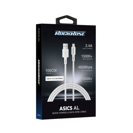 Rockrose Asics AL 2.4A USB-A to Lightning Fast Charging & Data Sync Cable TPE Connector with Nylon Braided Cord