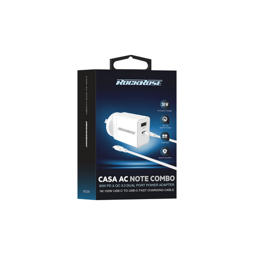 Rockrose Casa AC Note Combo 30W PD & QC 3.0 Dual Port Power Adapter With 1M PD 100W USB-C to USB-C Fast Charging Cable