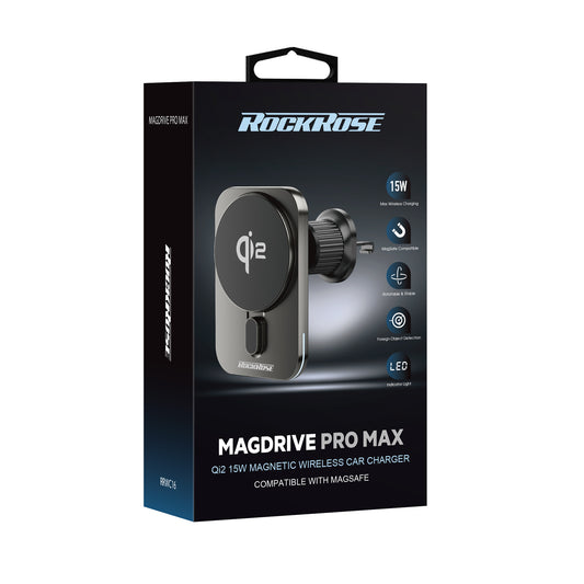 Rockrose Magdrive Pro Max Qi2 15W Magnetic Wireless Car Charger with Air Vent Stand Compatible with MagSafe Qi2 Certified