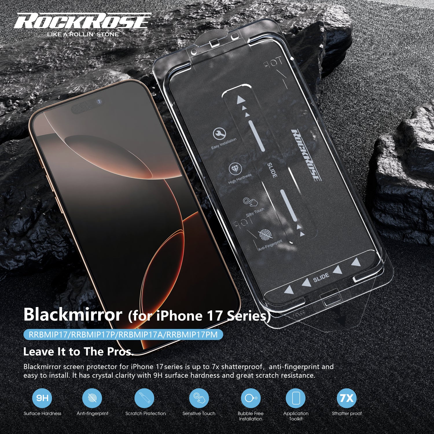 Rockrose Blackmirror iPhone 17 Premium Tempered Glass Screen Protector with Dust-free Easy DIY Installation Kit 1 Pack - product image 5