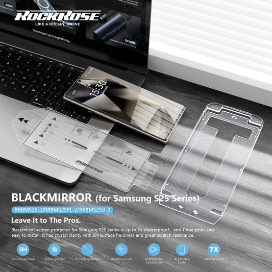 Rockrose Blackmirror Samsung S25 Ultra 2 Pack Premium Tempered Glass Screen Protector with Dust-free Easy DIY Installation kit