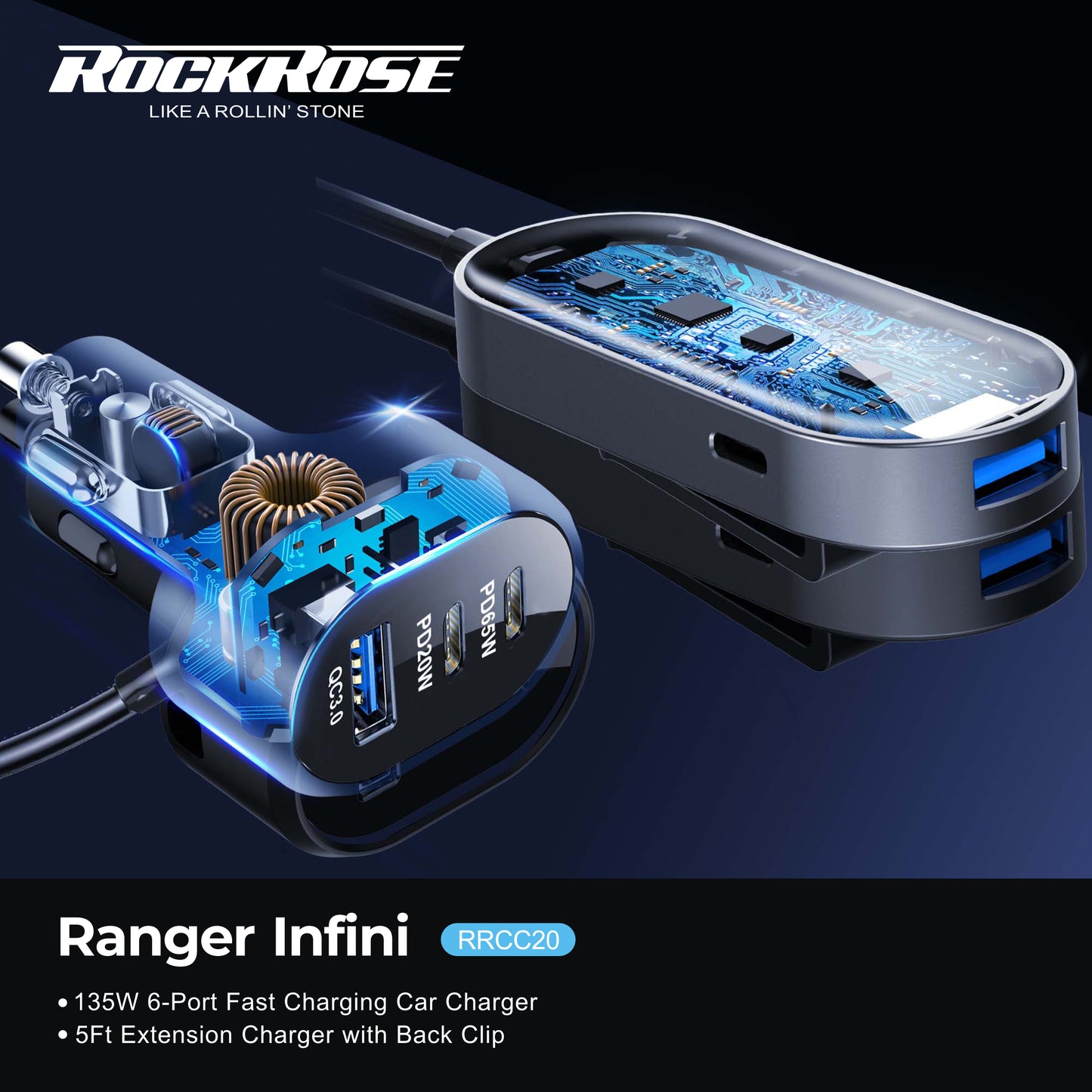 Rockrose Ranger Infini 135W 6-Port Fast Charging Car Charger