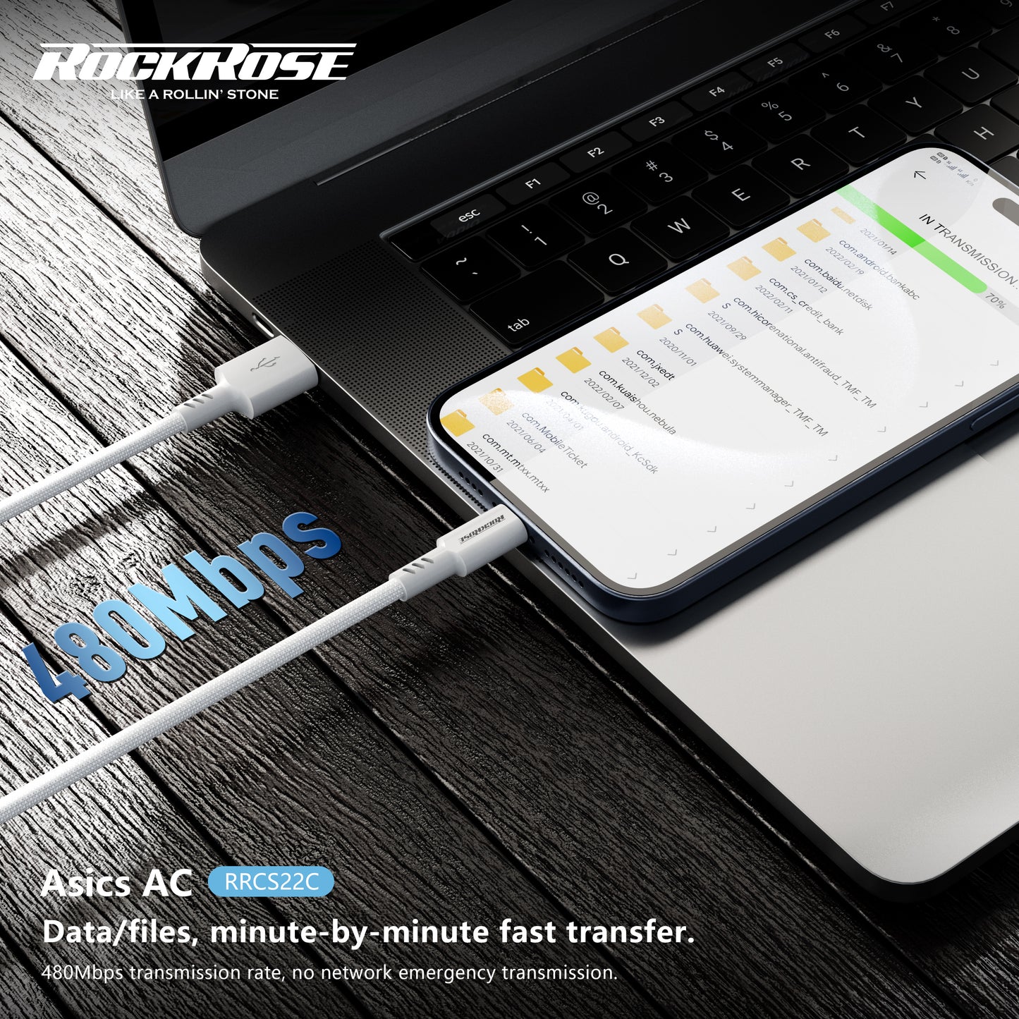 Rockrose Asics AC 3A USB-A to USB-C Fast Charging & Data Sync Cable TPE Connector with Nylon Braided Cord