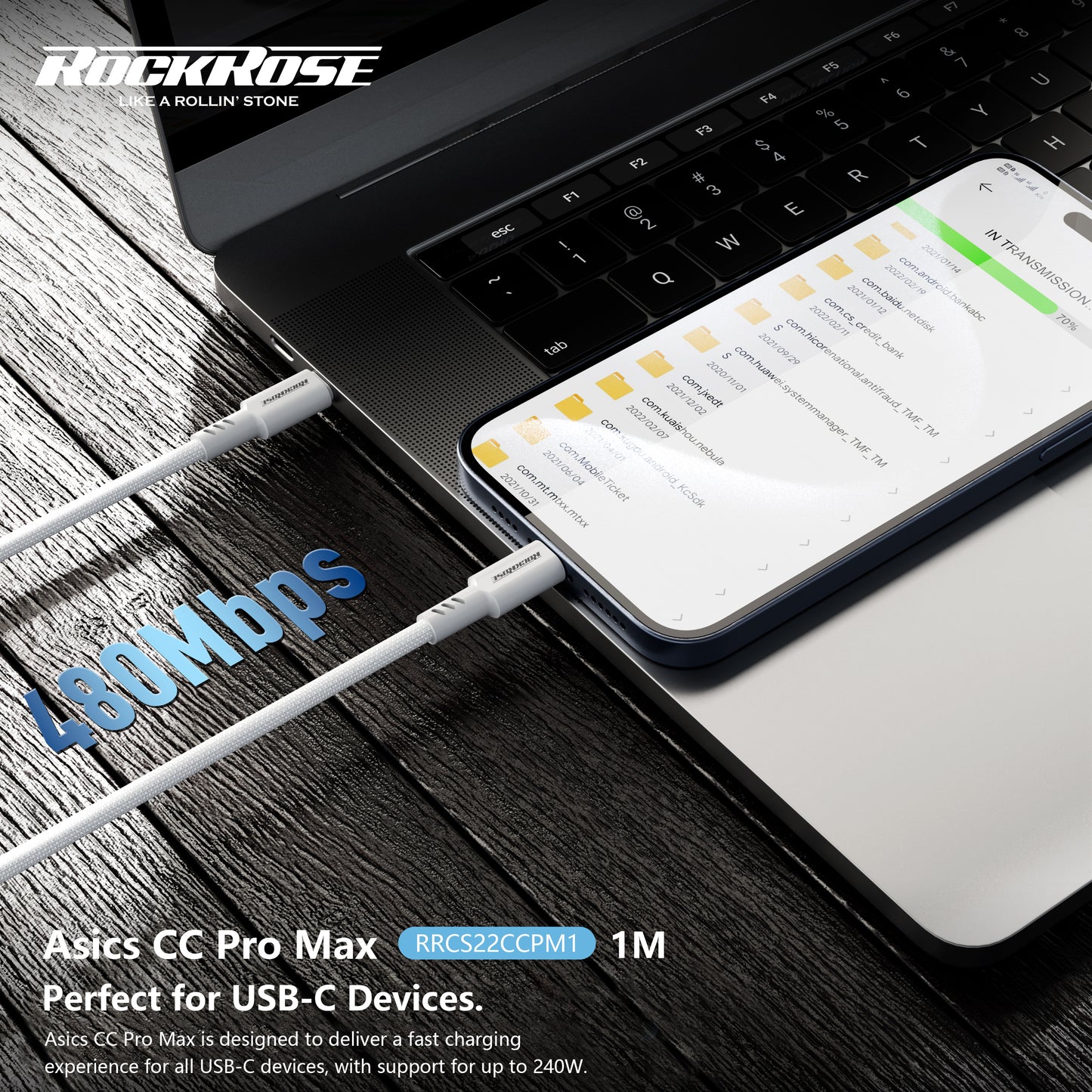 Rockrose Asics CC Pro Max PD240W USB-C to USB-C Fast Charging Cable 1m