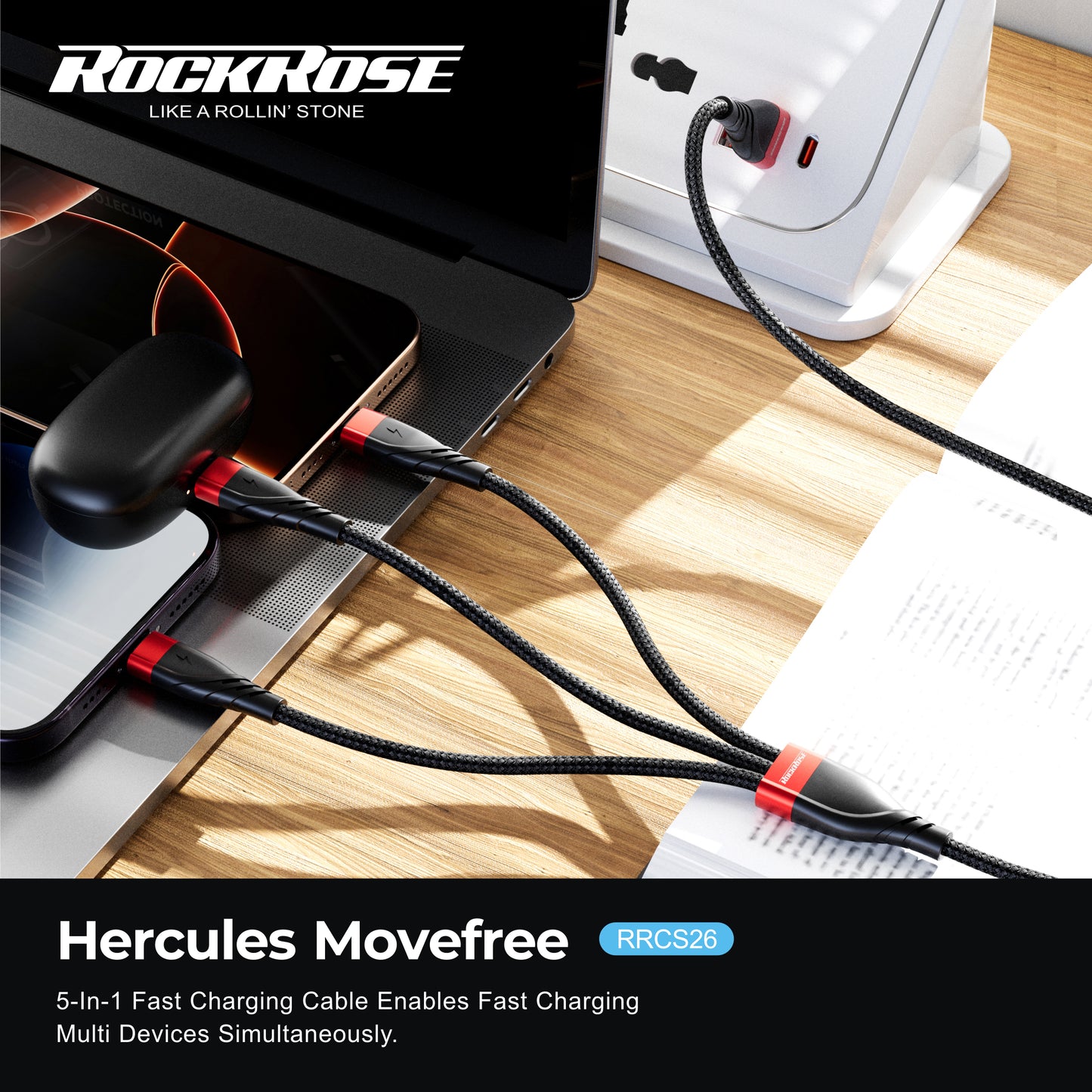 Rockrose Hercules Movefree 3A Max 5-In-1 Fast Charging Cable USB-A & USB-C Dual Connectors