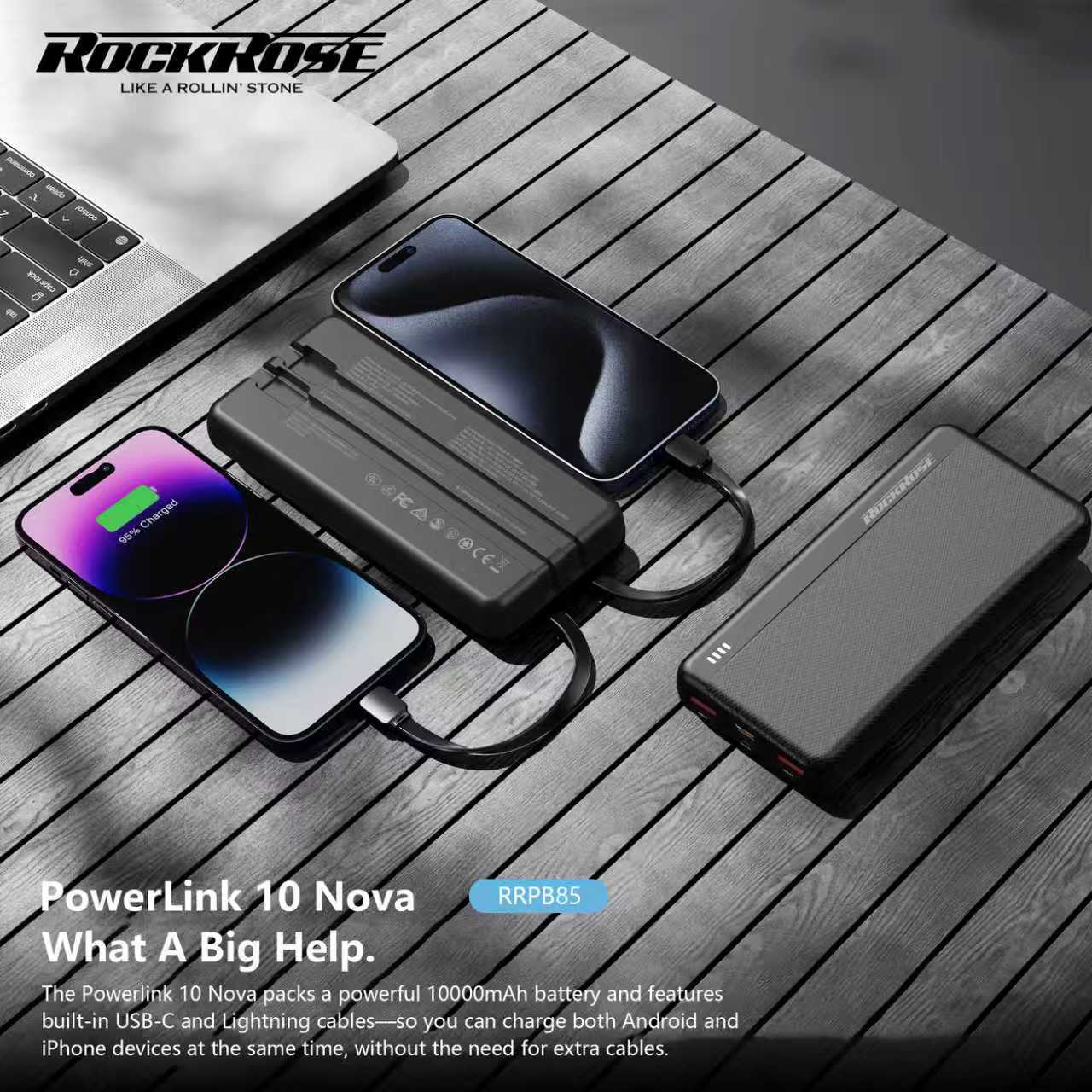 Rockrose PowerLink 10 Nova 10000mAh 20W PD&22.5W Quick Charge Power Bank Black - product image 3