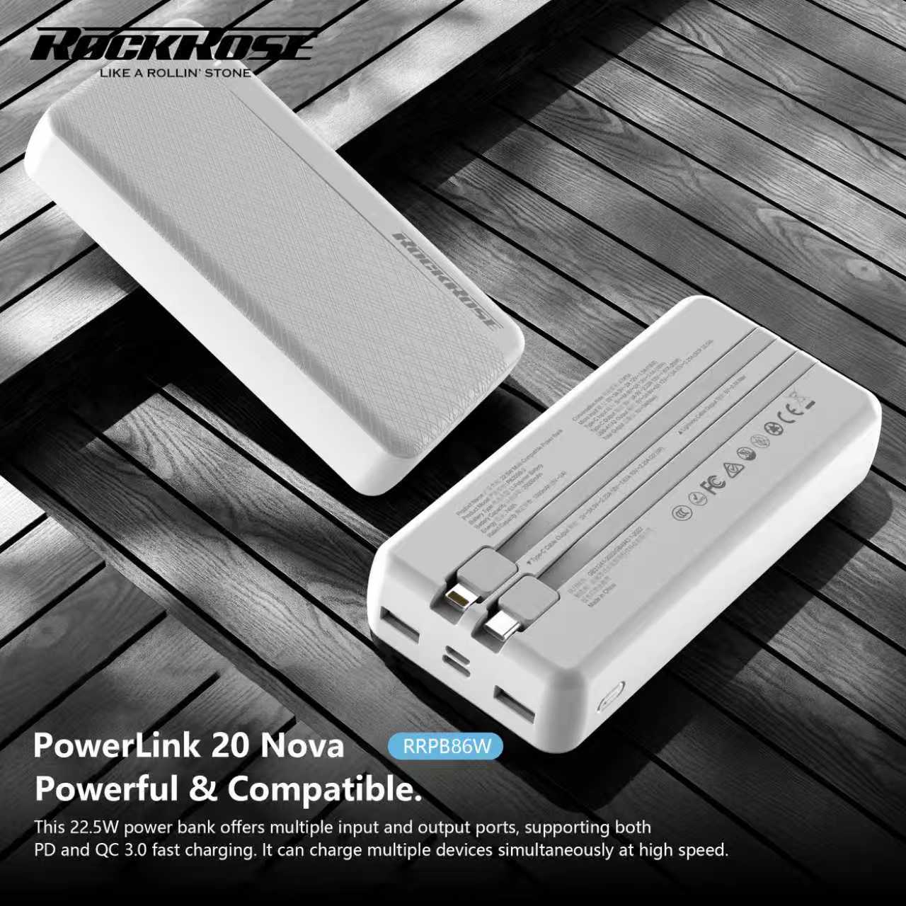 Rockrose PowerLink 20 Nova 20000mAh 20W PD&22.5W Quick Charge Power Bank White