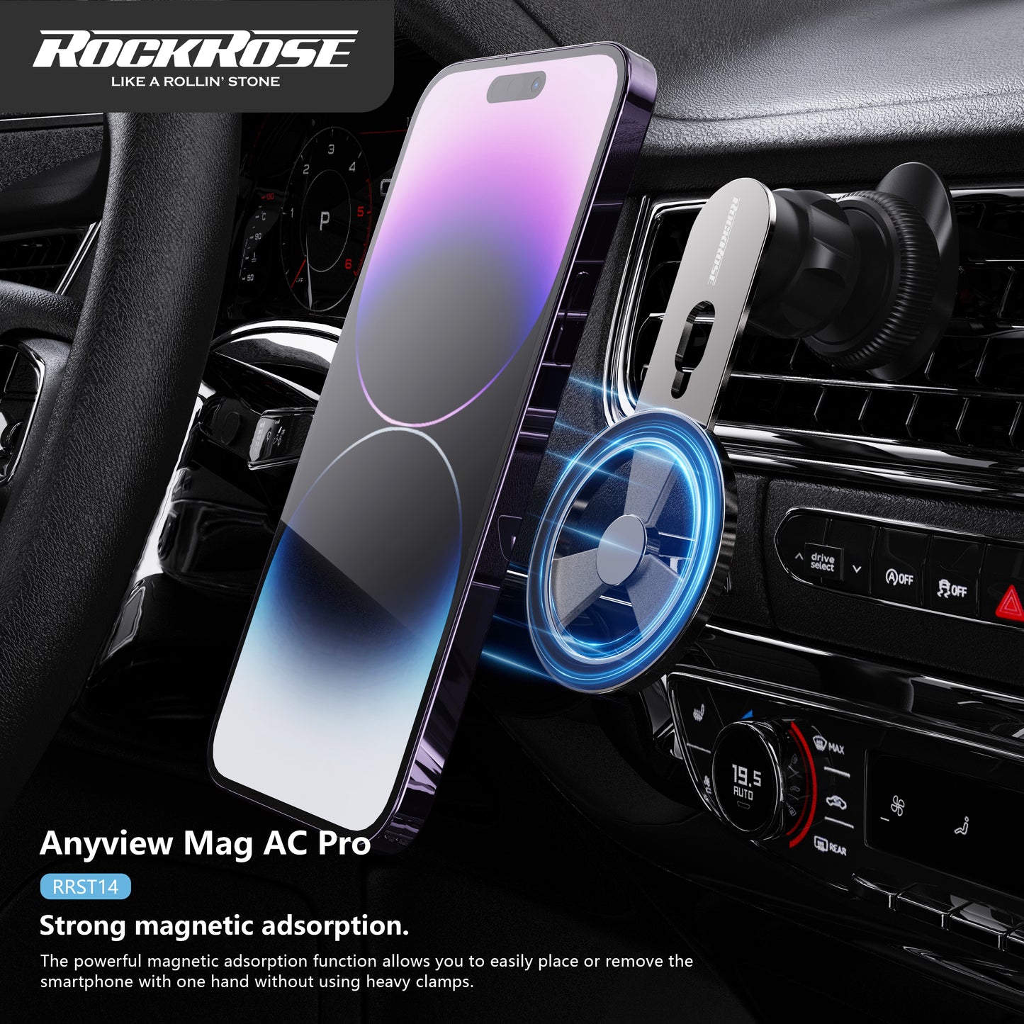 Rockrose Anyview Mag AC Pro 360° Rotatable&Foldable Air Vent Magnetic Phone Holder Compatible with MagSafe