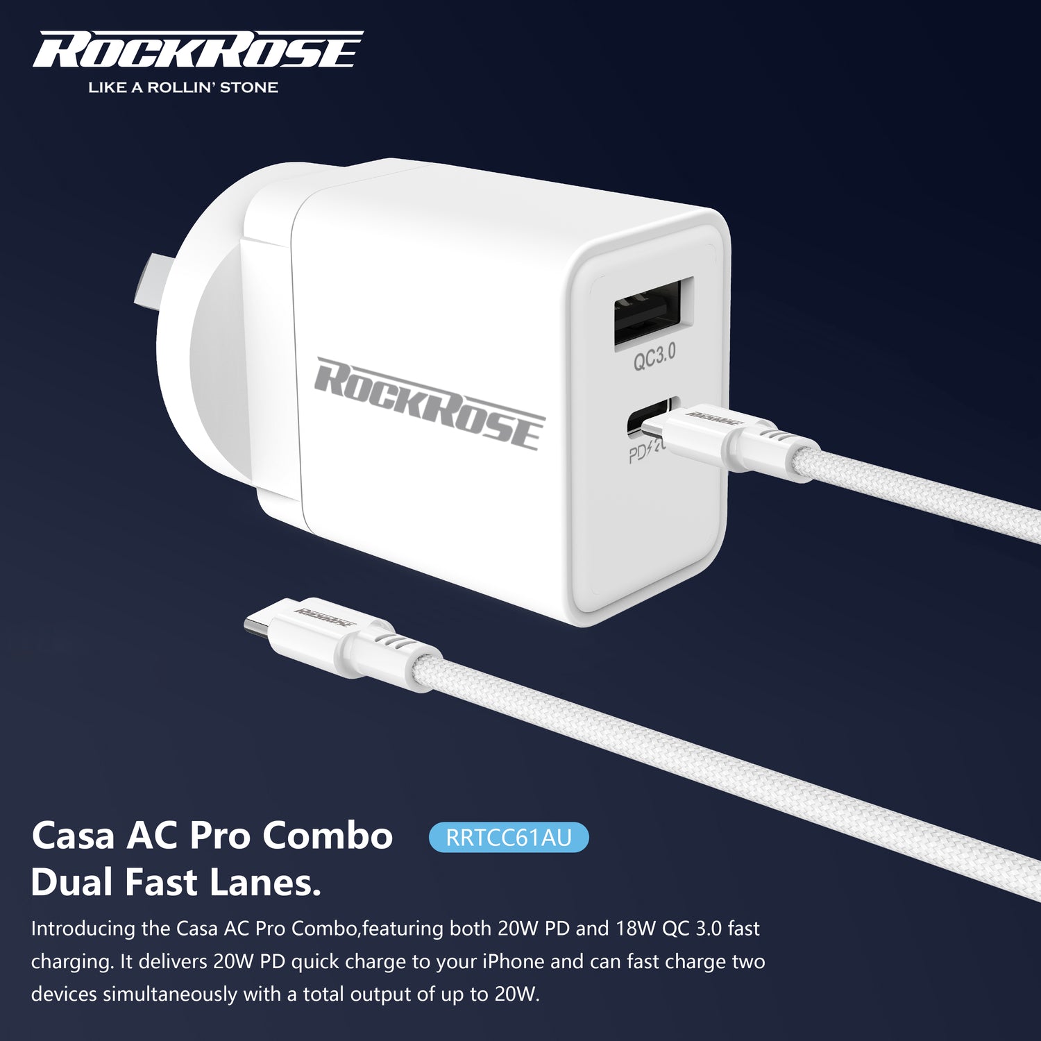 Rockrose Casa AC Pro Combo 20W PD & QC 3.0 Dual Port Power Adapter With 1M PD 100W USB-C to USB-C Fast Charging Cable - product image 3