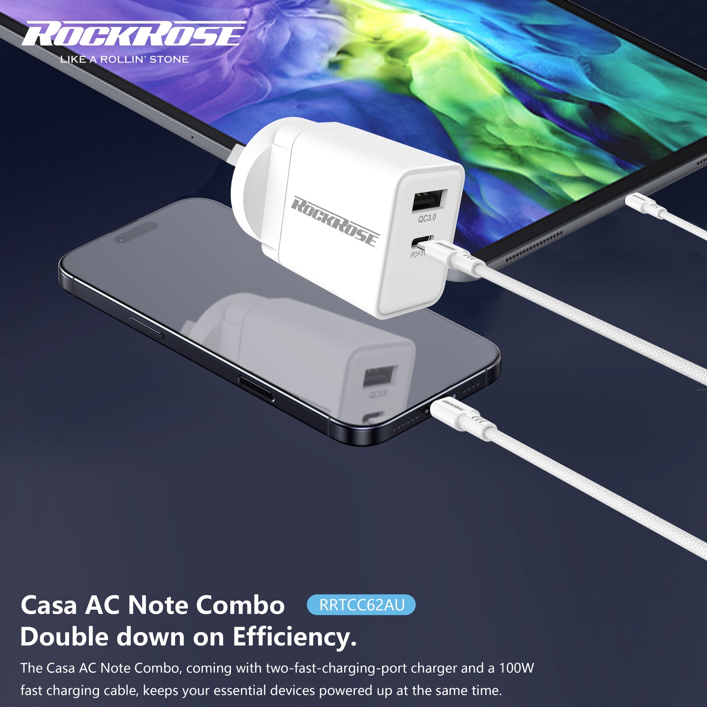 Rockrose Casa AC Note Combo 30W PD & QC 3.0 Dual Port Power Adapter With 1M PD 100W USB-C to USB-C Fast Charging Cable - product image 5