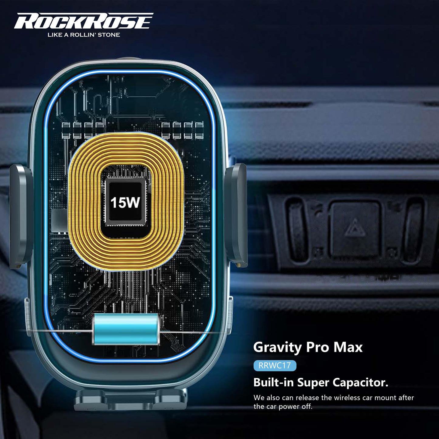 Rockrose Gravity Pro Max 15W Wireless Car Charger with Air Vent Stand For Qi Certified Android Phones