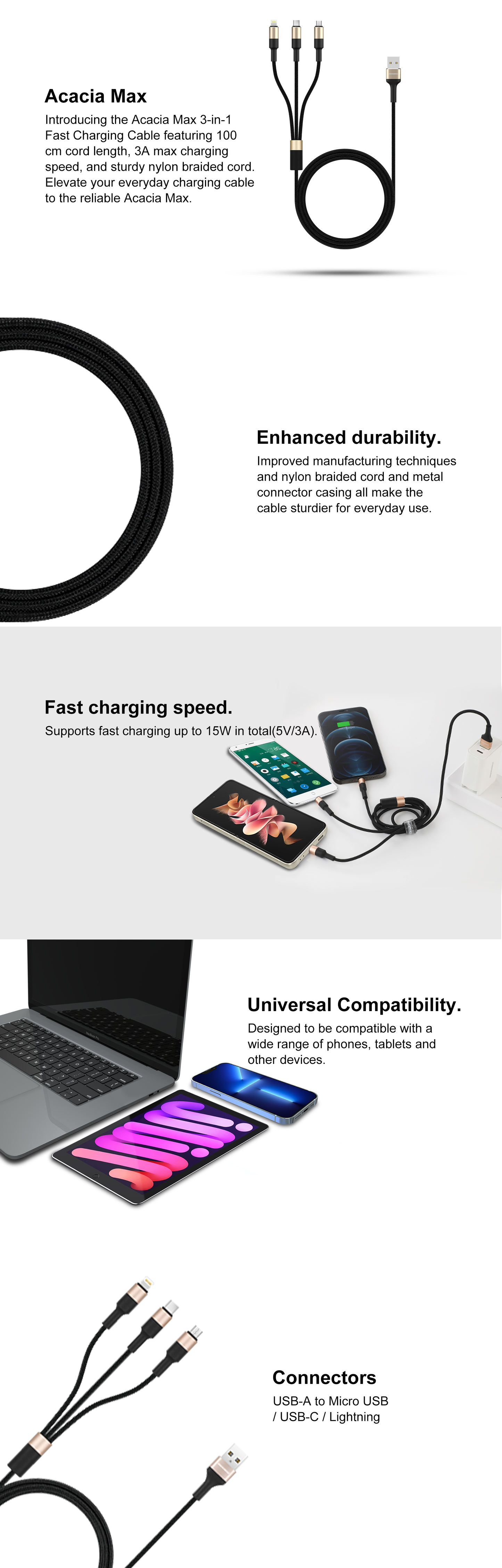 Rockrose Acacia Max 1m 3A Max 3-In-1 Nylon Braided Charge-Only Cable