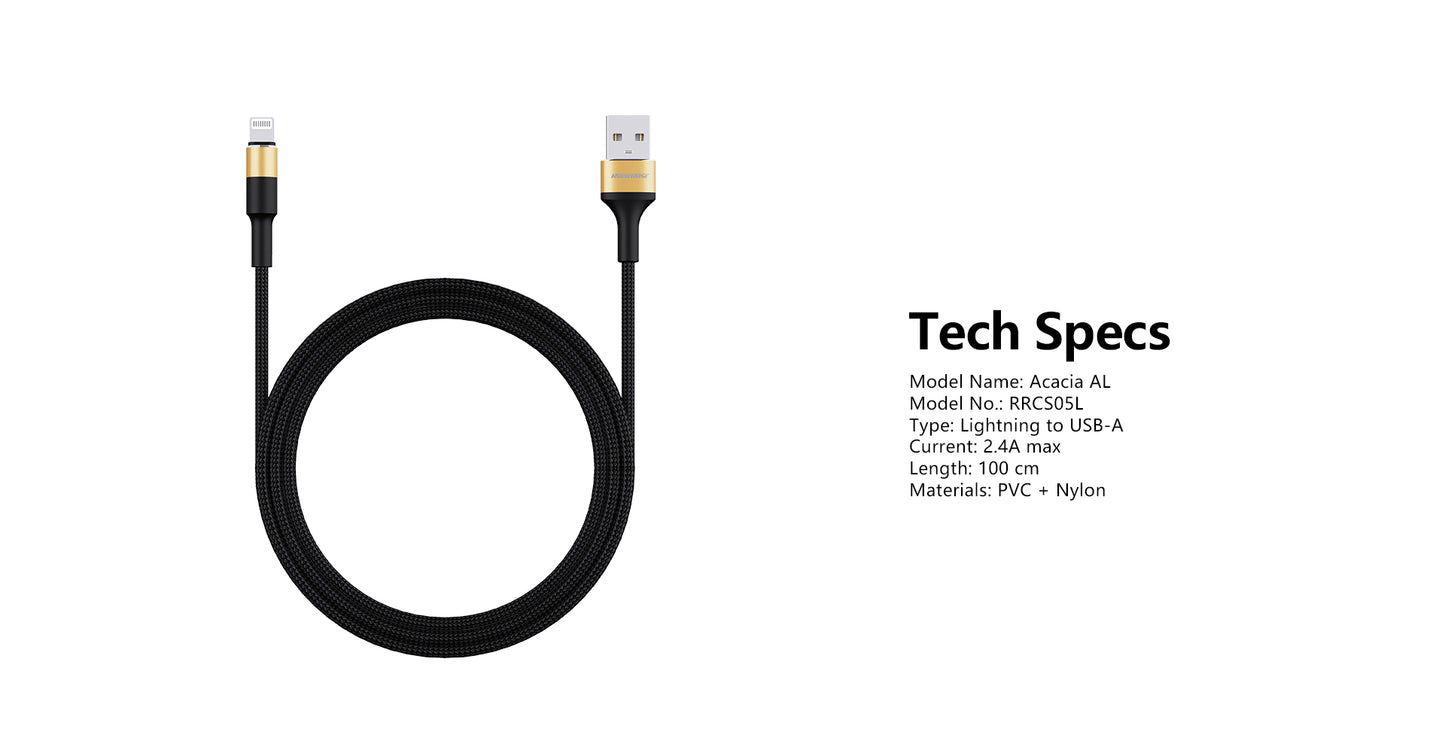 Rockrose Acacia AL 1m 2.4A Nylon Braided Lightning to USB Charge & Sync Cable