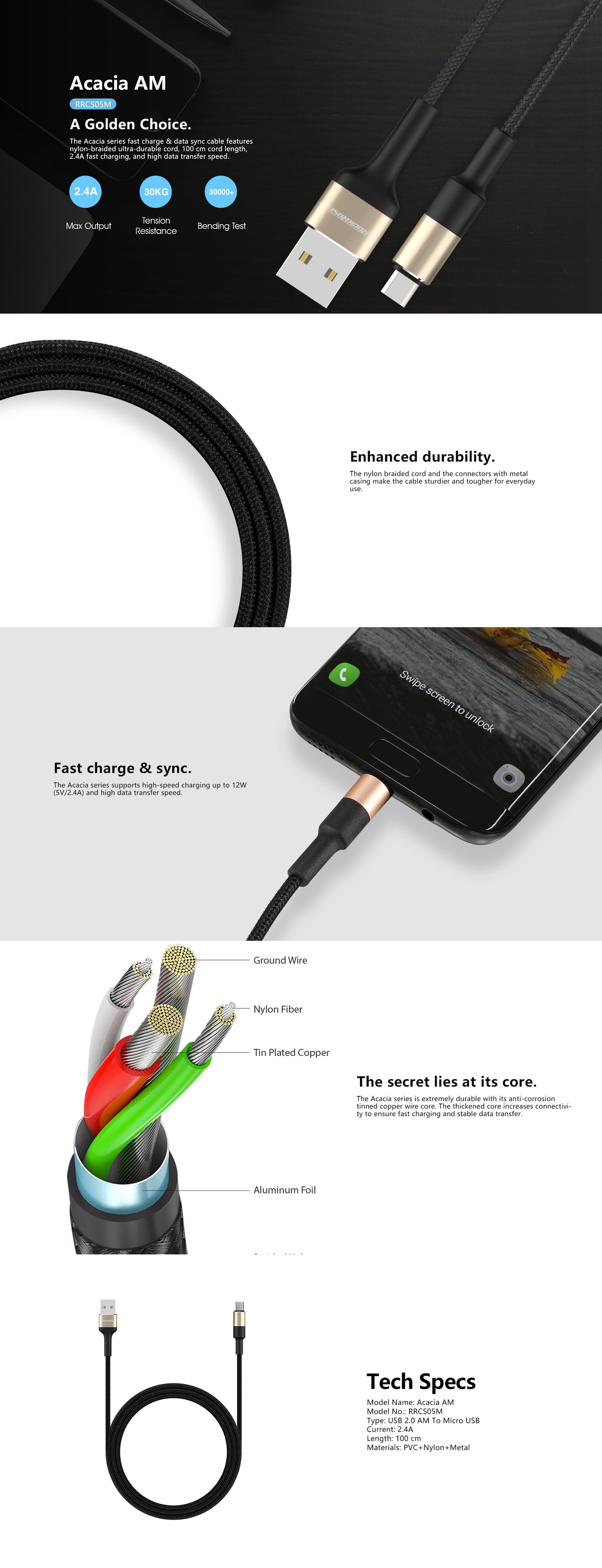 Rockrose Acacia AM 1m 2.4A Nylon-Braided Micro USB Charge & Sync Cable
