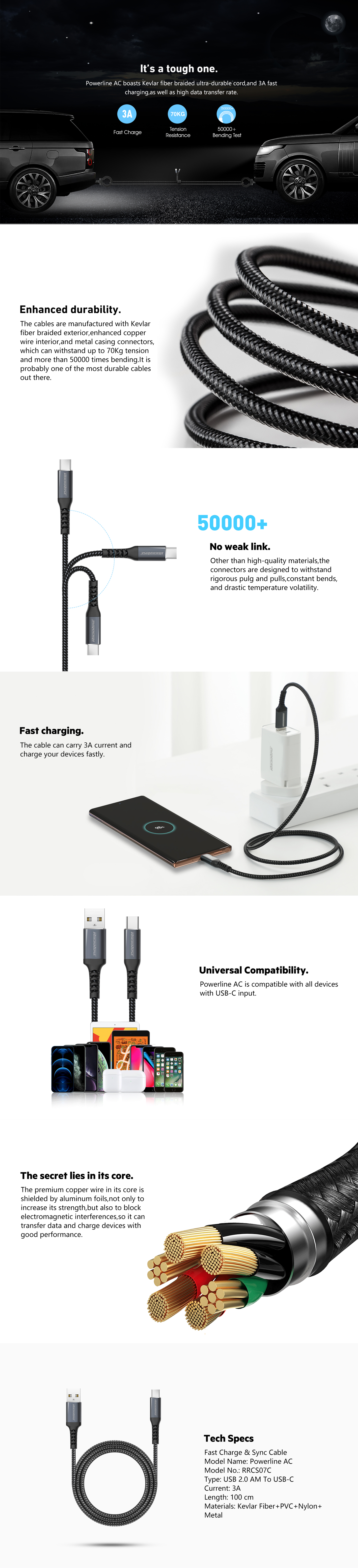 Rockrose Powerline AC 3A 1M USB-C Fast Charge & Data Sync Cable