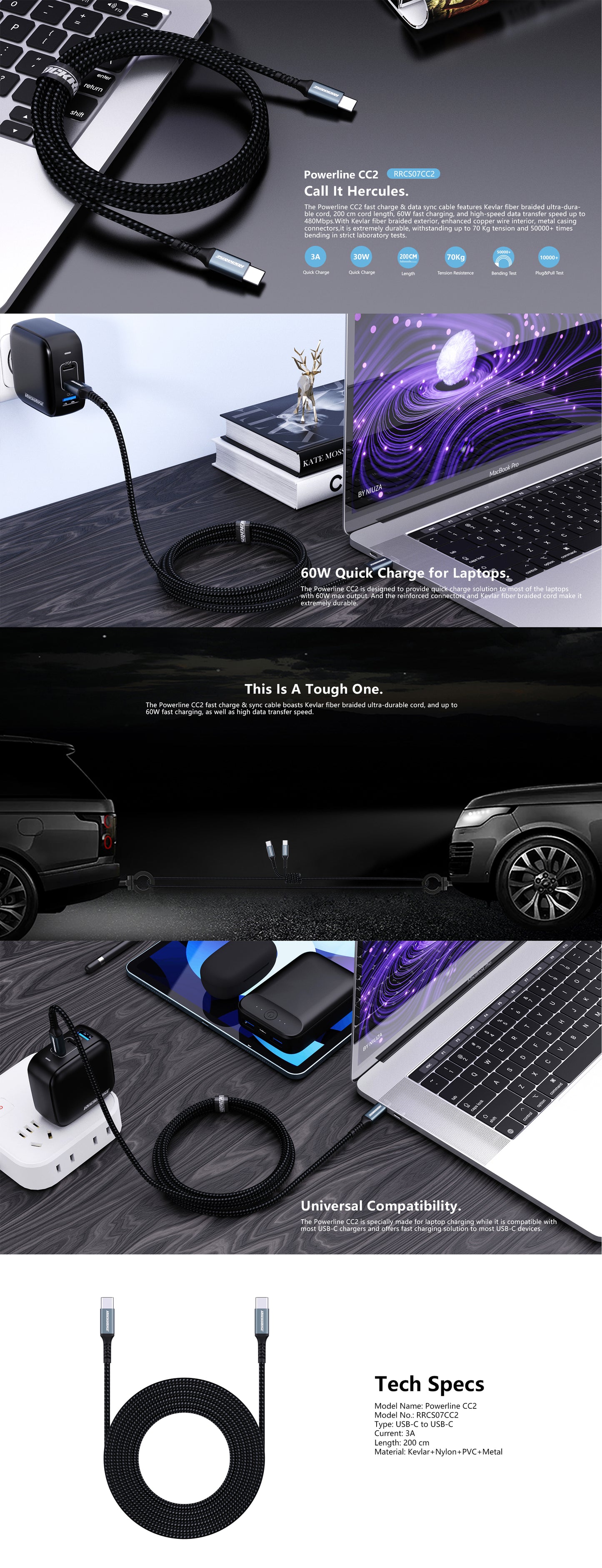 Rockrose Powerline CC2 3A 60W Max 2M USB-C to USB-C Fast Charge & Data Sync Cable