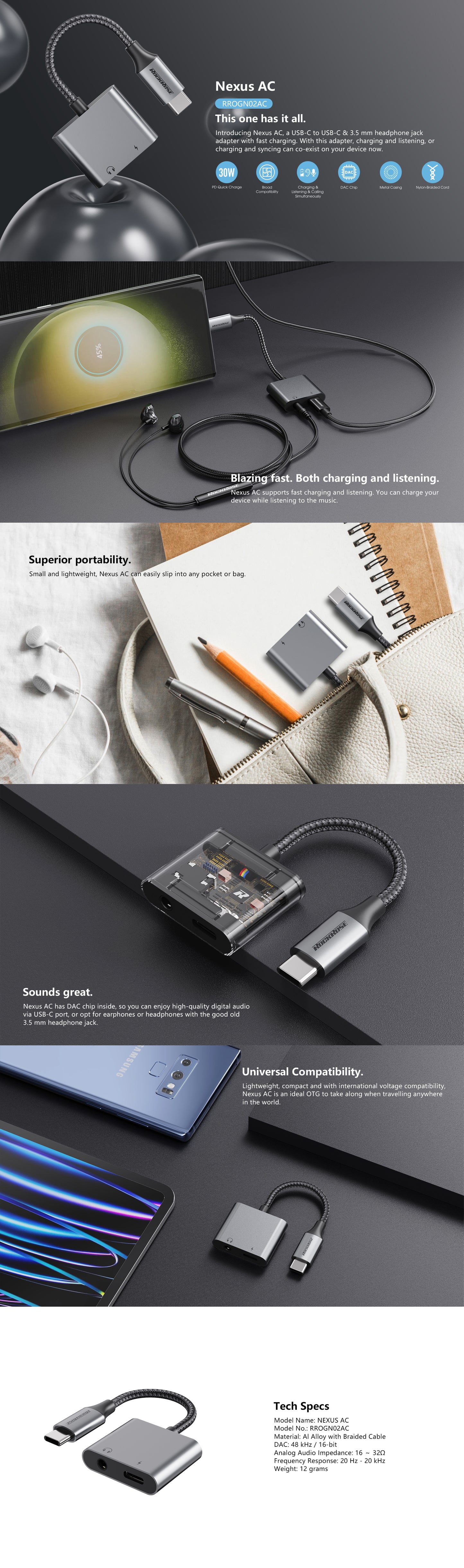 Rockrose USB-C to USB-C+3.5mm Adapter (Phone Call & Music)