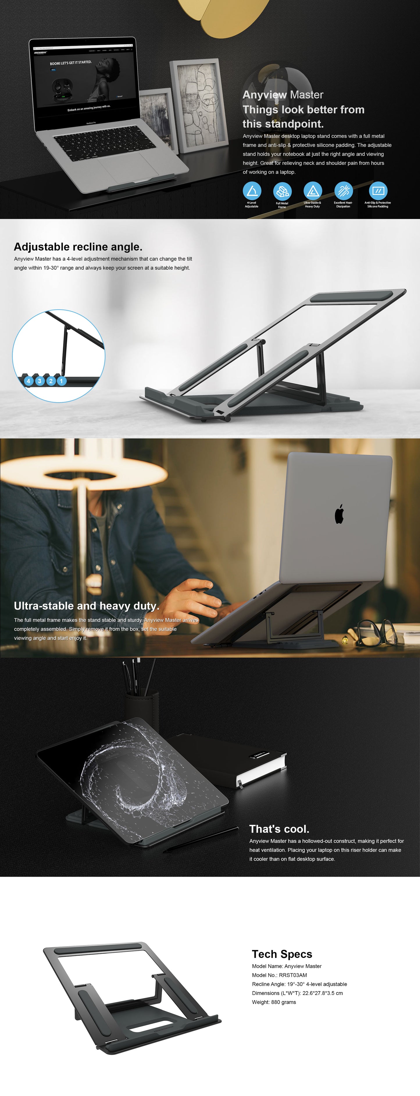 Rockrose Anyview Master Fully Foldable Ergonomic 4-Level Adjustable Metal Laptop Stand