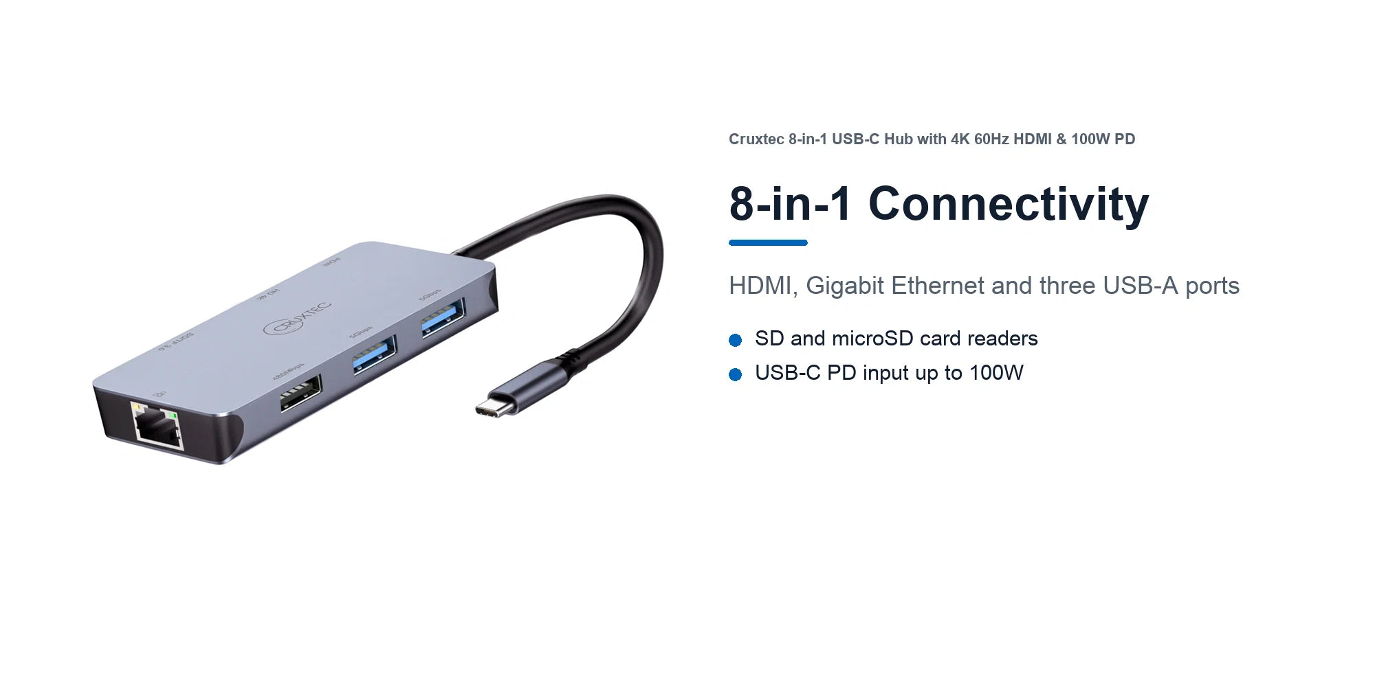 Cruxtec CMH08-SG 8-in-1 USB-C hub connectivity detail showing Gigabit Ethernet and USB-A ports