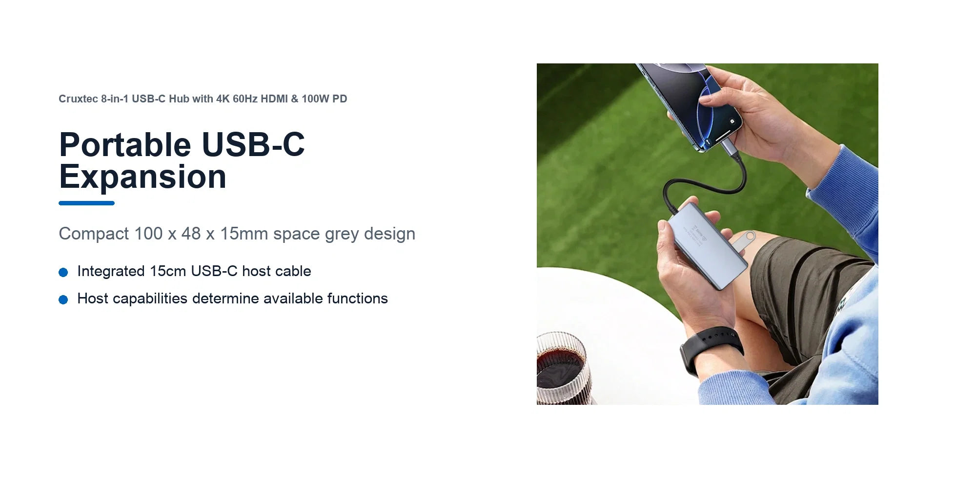 Cruxtec CMH08-SG portable USB-C hub connected to a compatible mobile device