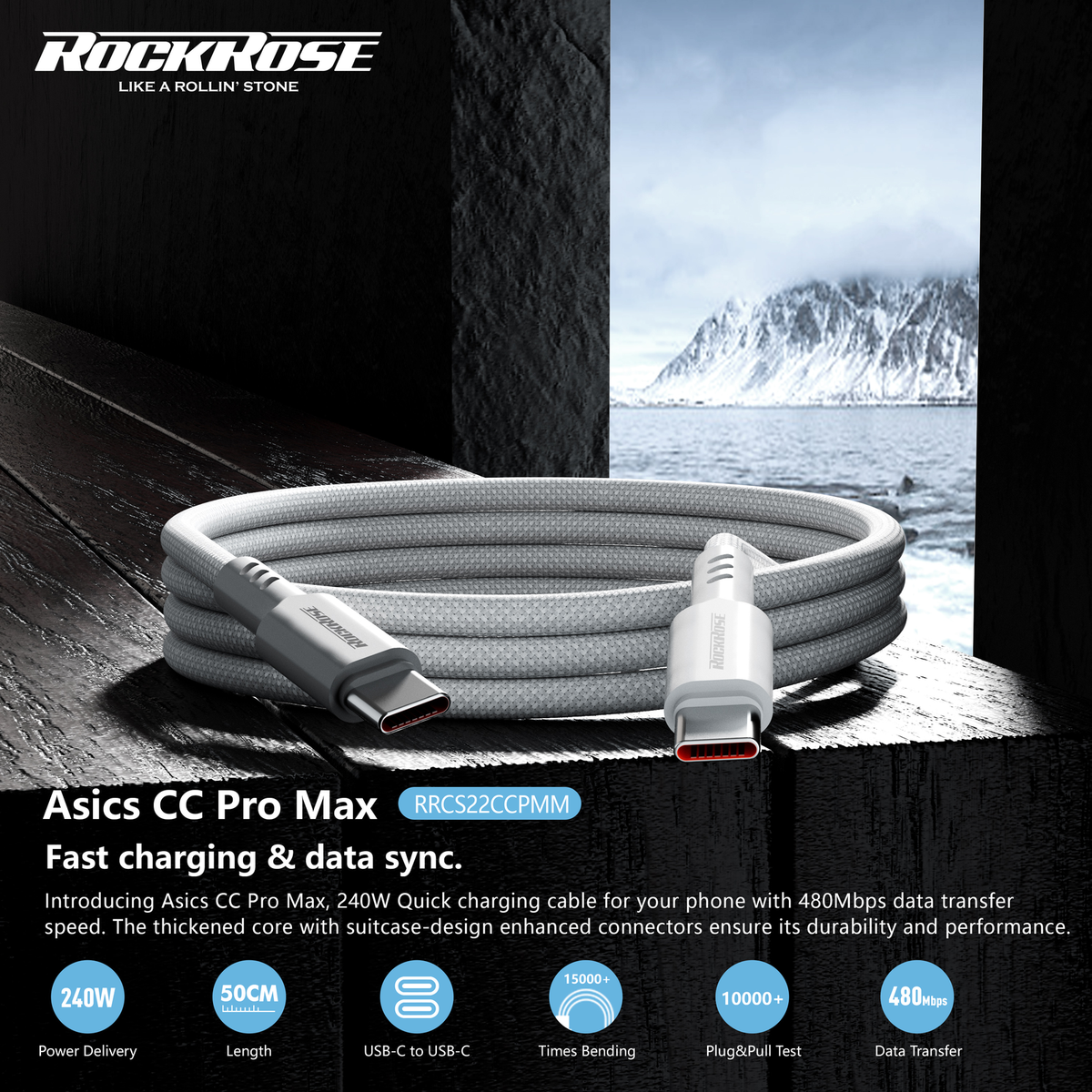 Rockrose Asics CC Pro Max RRCS22CCPMM fast charging and data sync cable