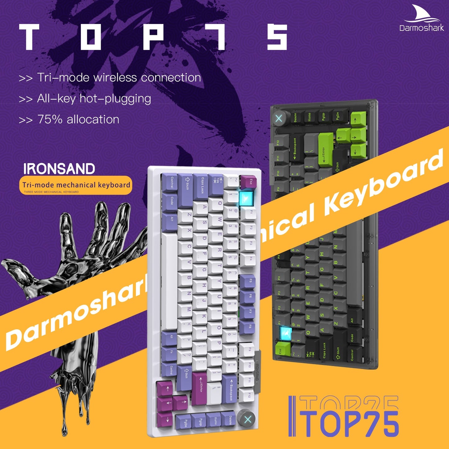 Darmoshark TOP75 Trio-mode Mechanical RGB gaming Keyboard With Top Mount structure & TFT display Black Silver Switch