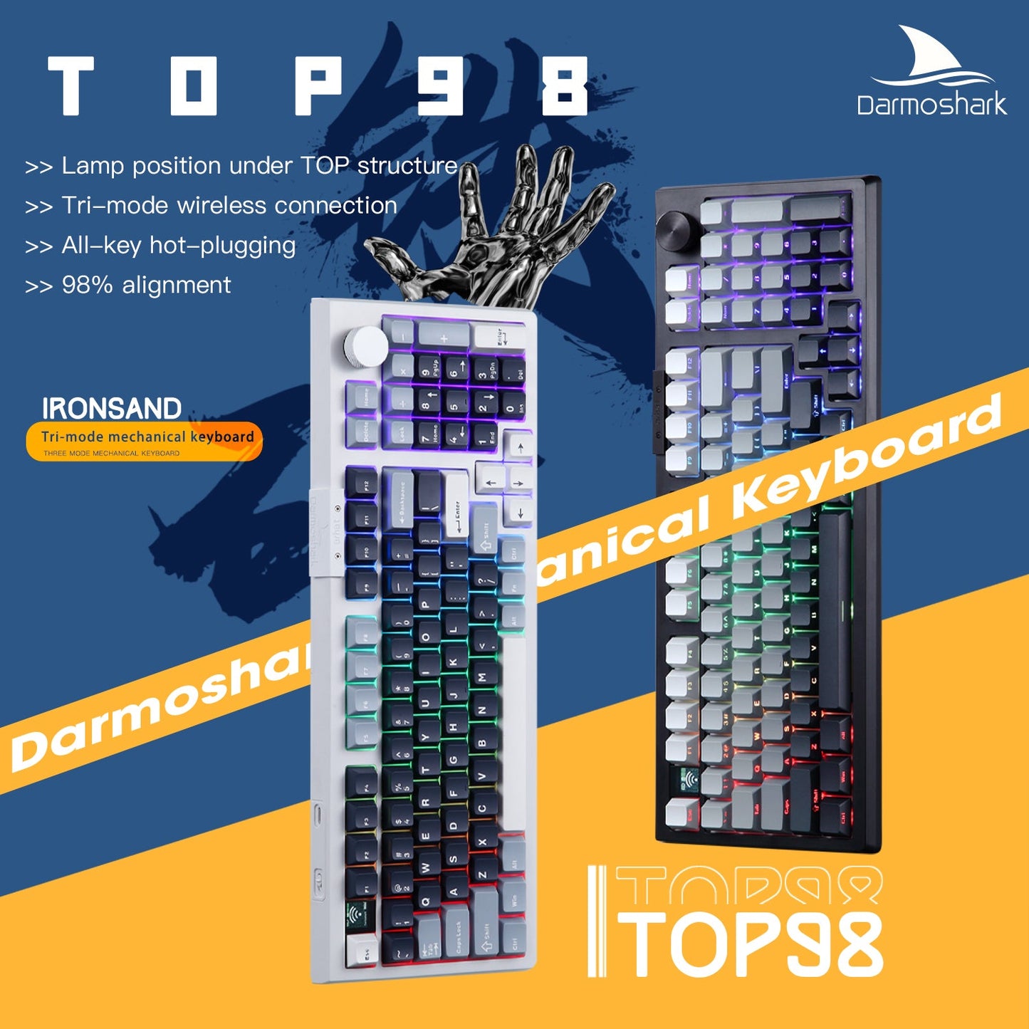 Darmoshark TOP98 Trio-mode Mechnical RGB gaming Keyboard With Top Mount structure & TFT display White Silver Switch