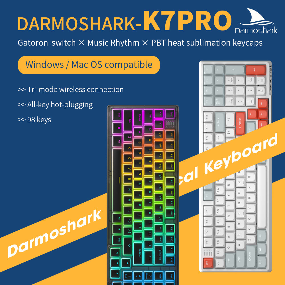 Darmoshark K7 Pro Trio-mode Mechanical Gateron switch RGB gaming Keyboard & Aluminum alloy bottom Black Gateron Yellow Pro Switch