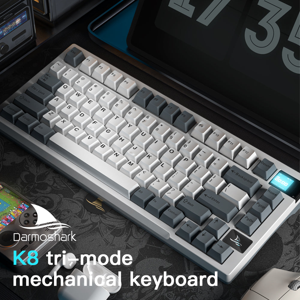Darmoshark K8 Trio-mode Mechanical RGB gaming Keyboard With Gasket Mount structure & TFT display White Metcha Switch