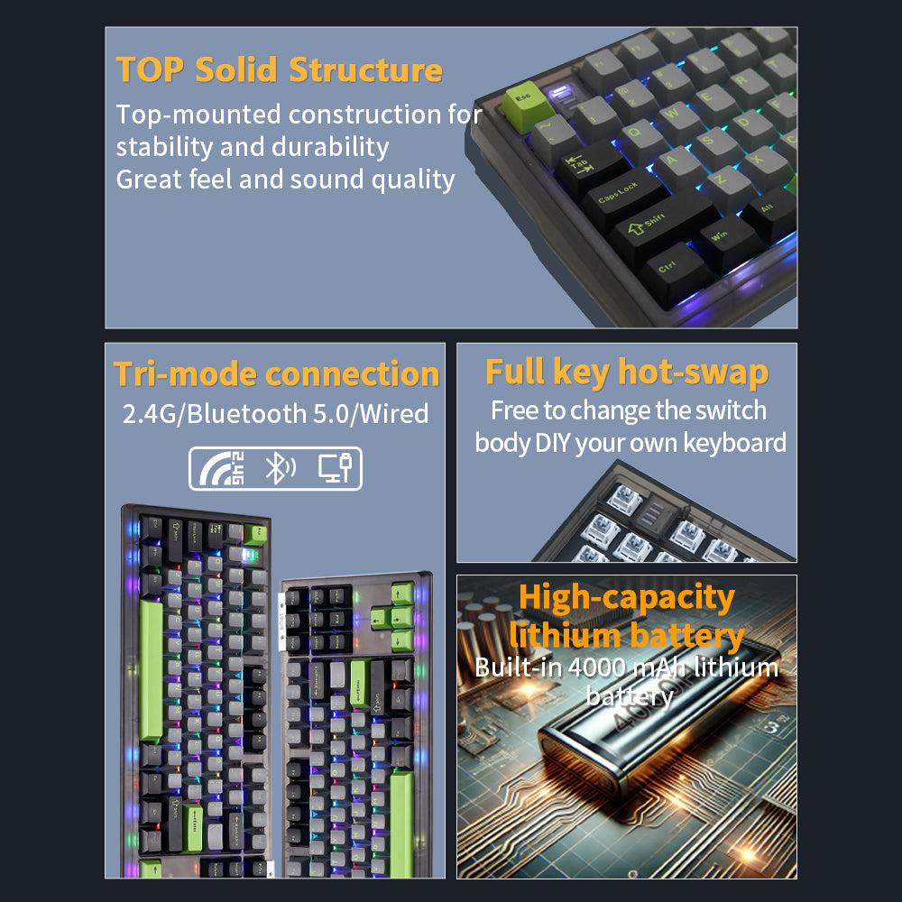 Darmoshark TOP87 Trio-mode Mechanical RGB gaming Keyboard With Top Mount structure Black Matcha Switch
