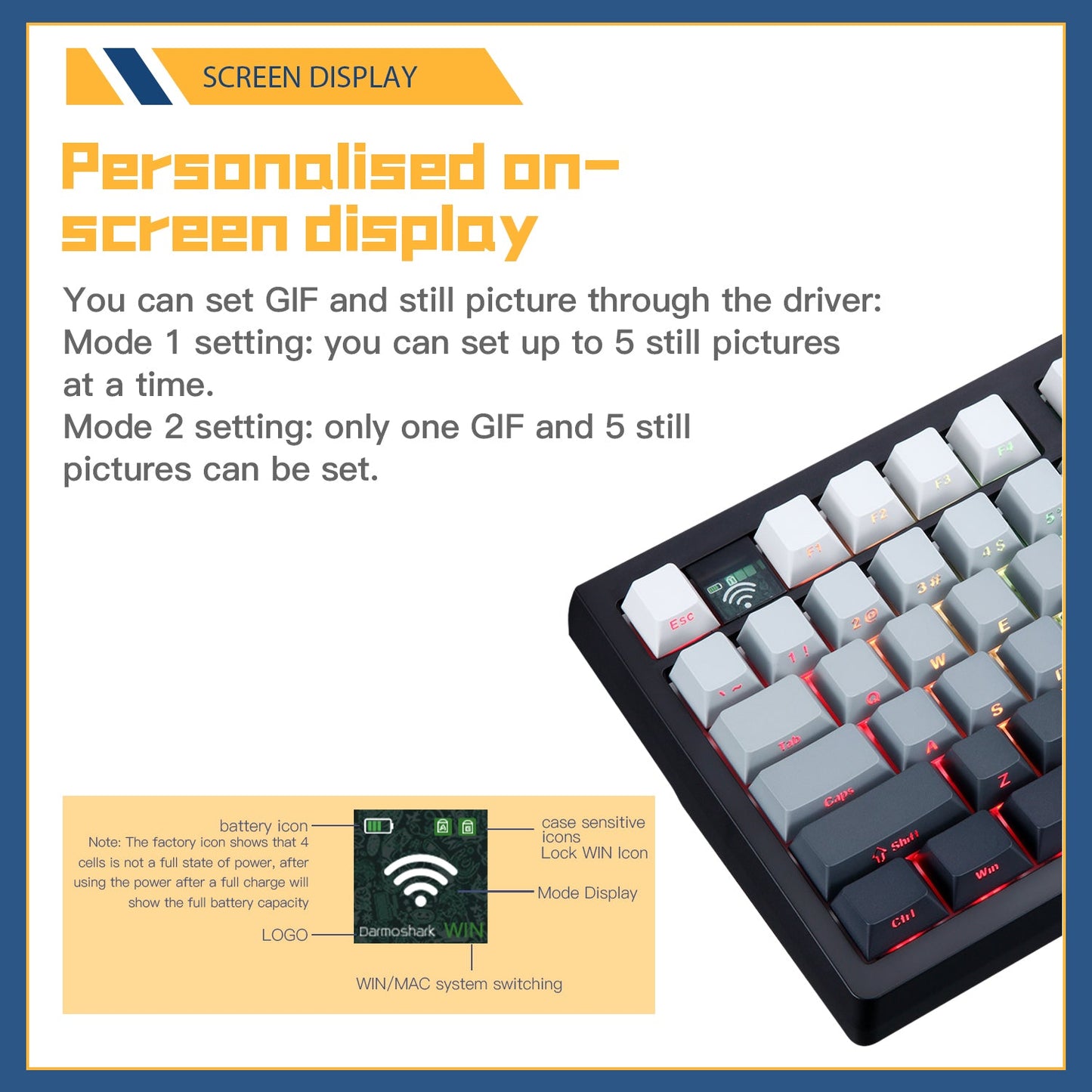 Darmoshark TOP98 Trio-mode Mechnical RGB gaming Keyboard With Top Mount structure & TFT display White Silver Switch