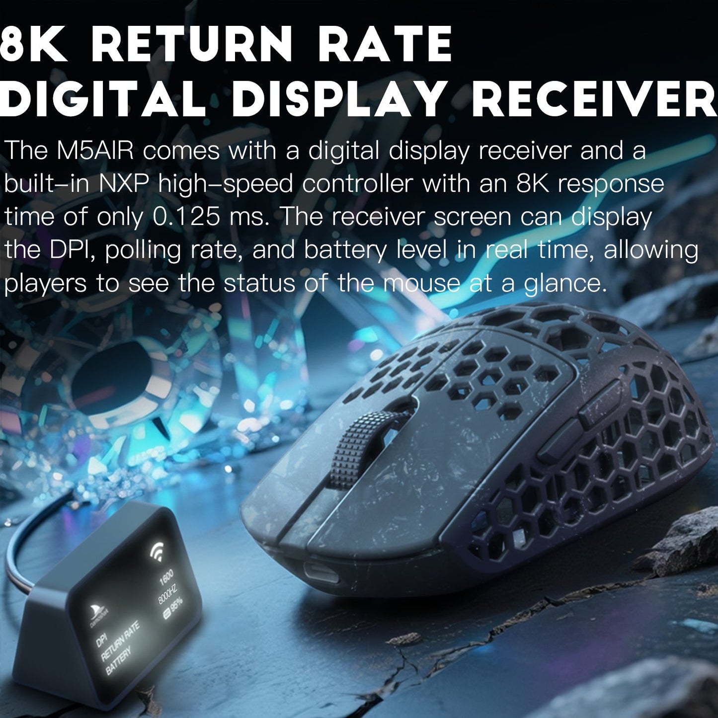 Darmoshark M5 AIR MP FISH HEAD Trio-mode Light-weight Carbon Fiber 8K Polling rate Gaming Mouse Black