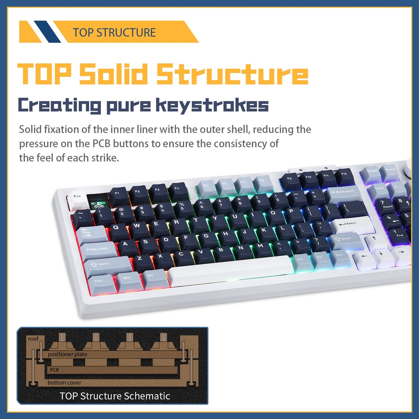 Darmoshark TOP98 Trio-mode Mechnical RGB gaming Keyboard With Top Mount structure & TFT display White White Switch