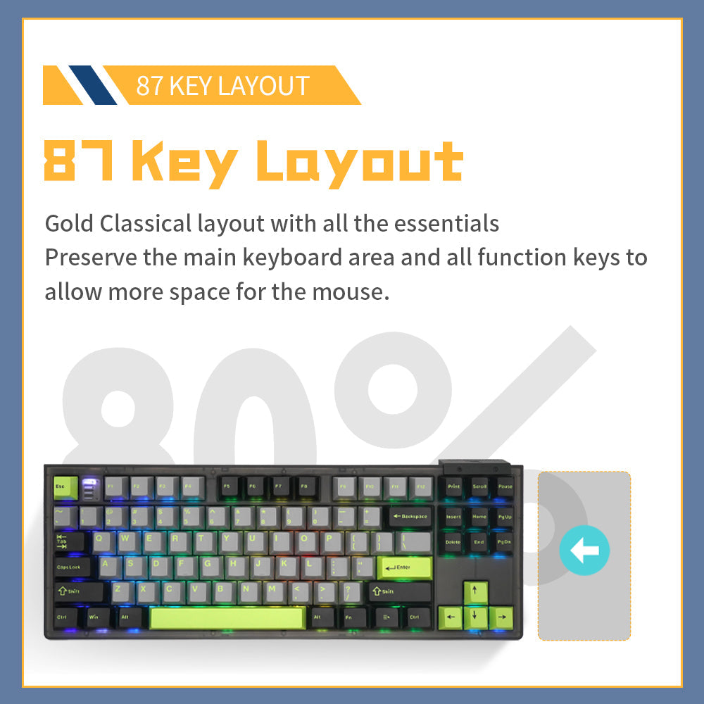Darmoshark TOP87 Trio-mode Mechanical RGB gaming Keyboard With Top Mount structure Black Matcha Switch