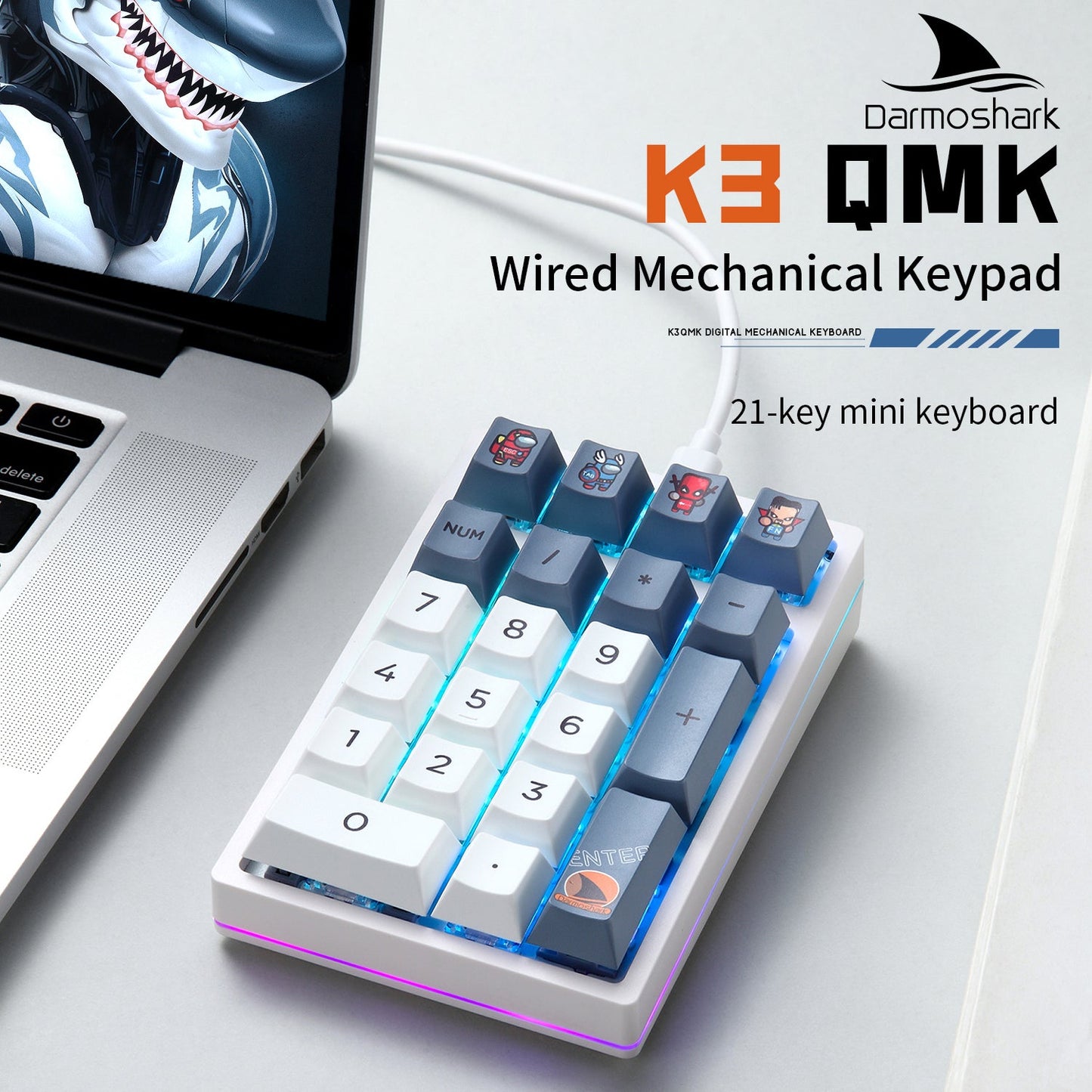 Darmoshark K3 QMK Wired Mechanical numeric QMK RGB Gaming Keypad White Huano Purple Switch