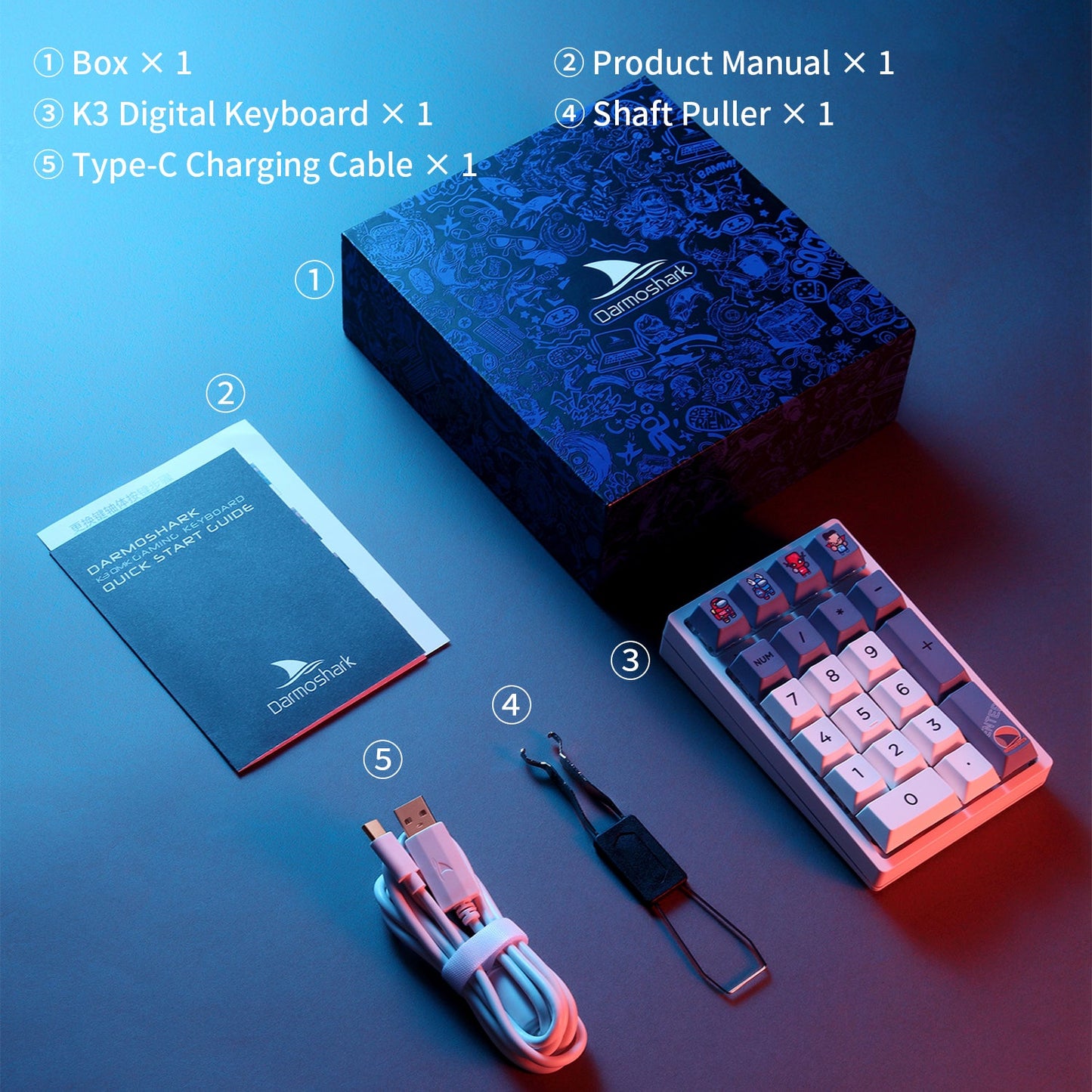 Darmoshark K3 QMK Wired Mechanical numeric QMK RGB Gaming Keypad White Huano Purple Switch