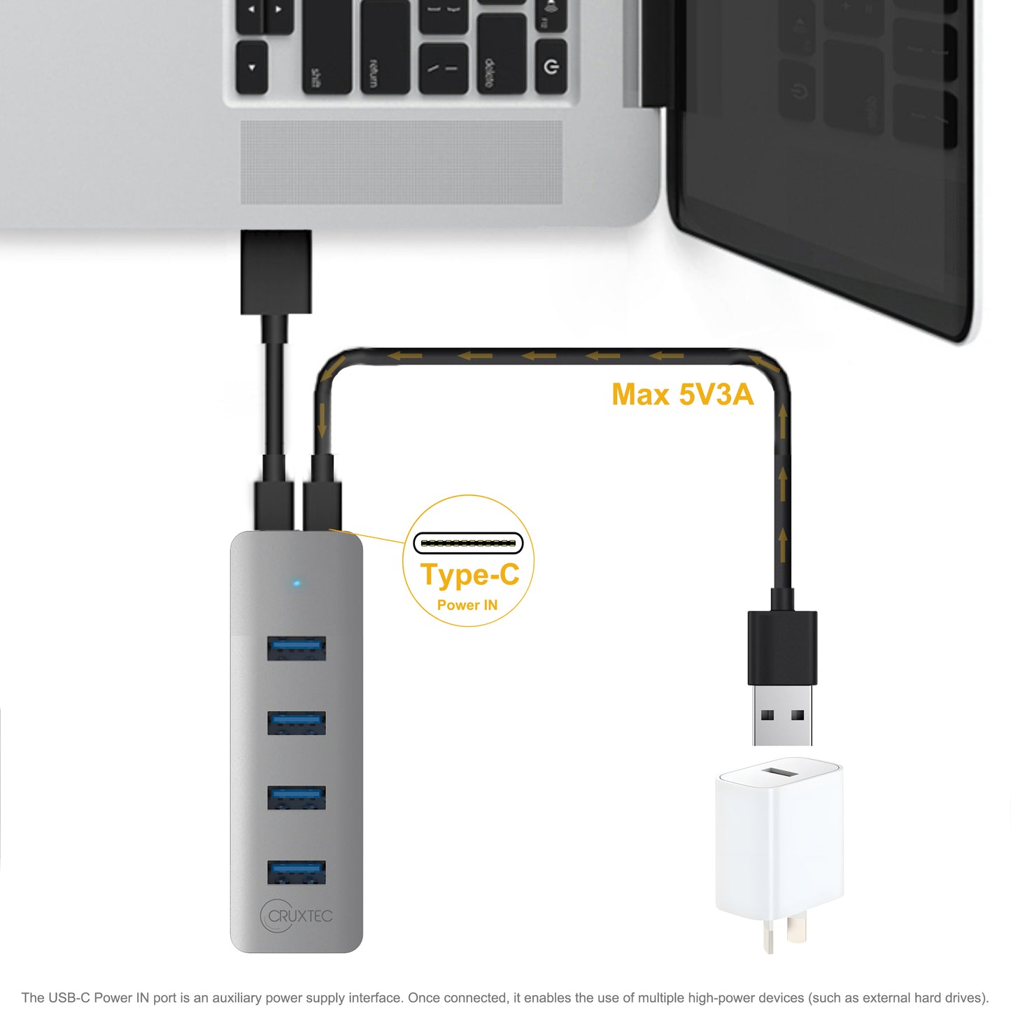 Cruxtec 4-Port USB 3.0 Hub with Type-C Power Port