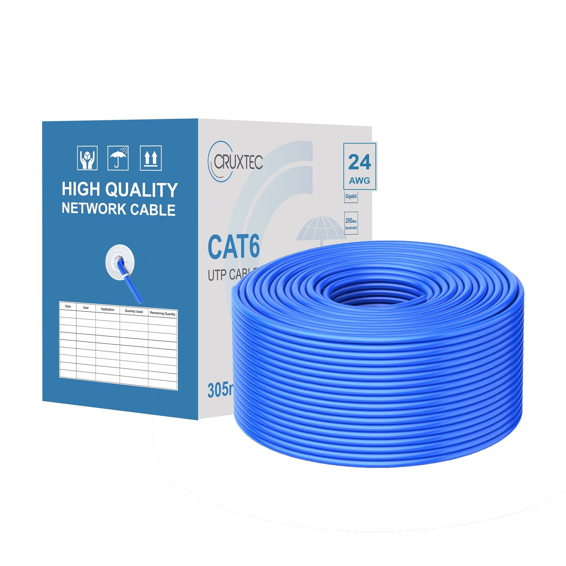Cruxtec CAT6 UTP 24AWG Solid Bare Copper Ethernet Cable Reel Box (Blue 305m) C6BC24A-305-BL image 1