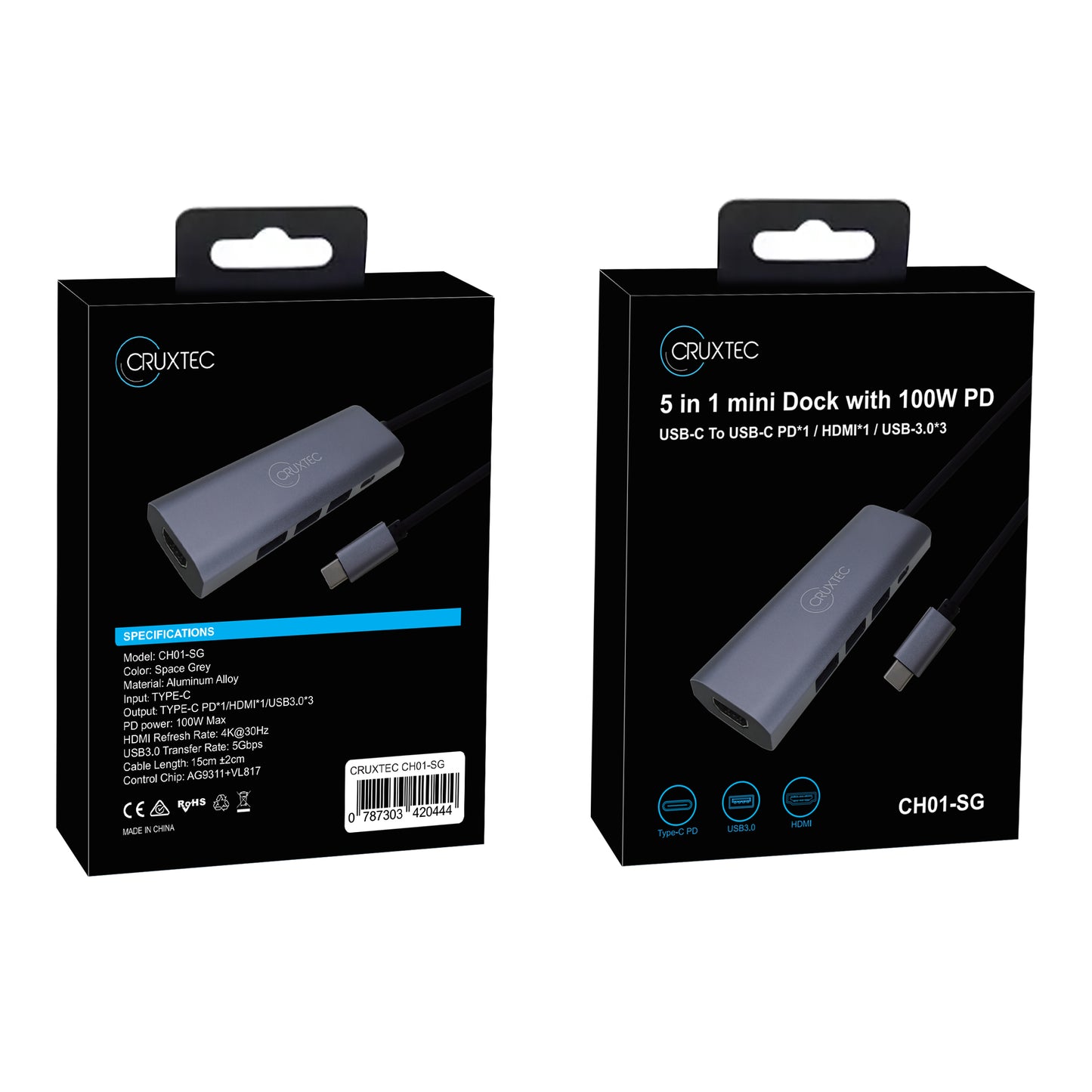 Cruxtec Aluminium Alloy USB-C Mulitport Docking Adapter, 1x 4K HDMI, 3x USB3.0, 1x USB-C 100W PD