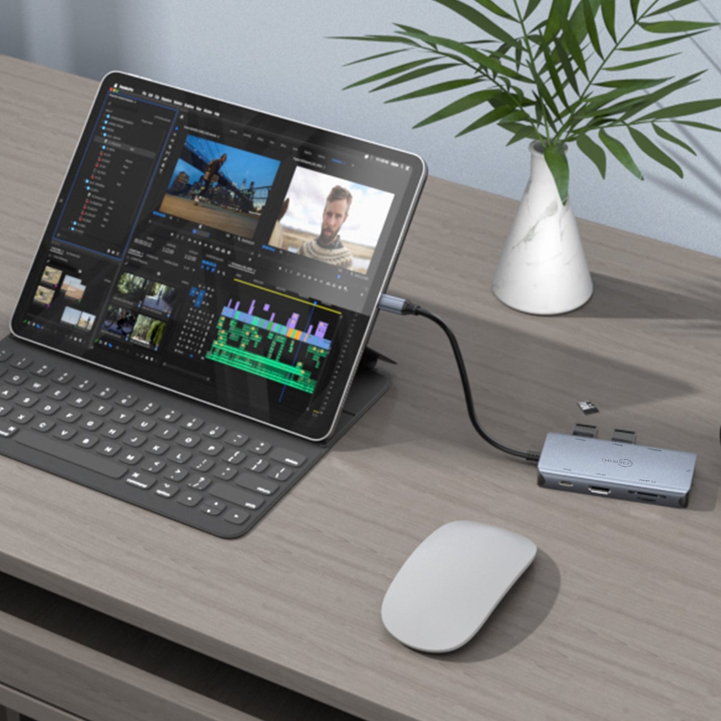Cruxtec CMH08-SG USB-C hub connected to a compatible computer in a desk workspace